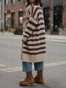 SHEIN LUNE Women's Autumn/Winter Casual Colorblock Striped Cardigan - Brown - View 3