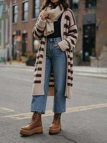 SHEIN LUNE Women's Autumn/Winter Casual Colorblock Striped Cardigan - Brown - View 5