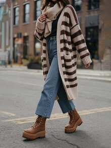 SHEIN LUNE Women's Autumn/Winter Casual Colorblock Striped Cardigan - Brown - View 6