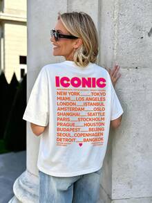 SHEIN LUNE 女款圓領短袖T恤，正反面 ICONIC 字母圖案印花，World City Tour 口號印花，寬鬆落肩休閒上衣，適合日常穿著 - 白色 - 查看 9