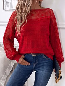 SHEIN Clasi 女款蕾絲飾邊拼接套頭毛衣/秋冬款 - 紅色 - 查看 5