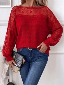 SHEIN Clasi 女款蕾絲飾邊拼接套頭毛衣/秋冬款 - 紅色 - 查看 6