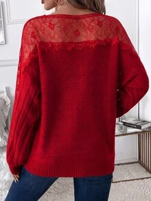 SHEIN Clasi 女款蕾絲飾邊拼接套頭毛衣/秋冬款 - 紅色 - 查看 2
