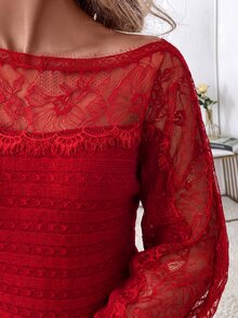SHEIN Clasi 女款蕾絲飾邊拼接套頭毛衣/秋冬款 - 紅色 - 查看 3