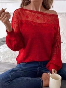 SHEIN Clasi 女款蕾絲飾邊拼接套頭毛衣/秋冬款 - 紅色 - 查看 8