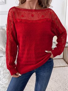 SHEIN Clasi 女款蕾絲飾邊拼接套頭毛衣/秋冬款 - 紅色 - 查看 4