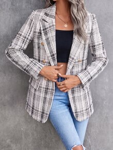 SHEIN LUNE Women's Casual Mature Elegant Button Long Sleeve Blazer Jacket For Office Business Black And White Fall Winter - Black and White - View 5