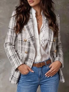 SHEIN LUNE Women's Casual Mature Elegant Button Long Sleeve Blazer Jacket For Office Business Black And White Fall Winter - Black and White - View 3