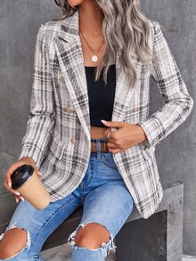 SHEIN LUNE Women's Casual Mature Elegant Button Long Sleeve Blazer Jacket For Office Business Black And White Fall Winter - Black and White - View 4
