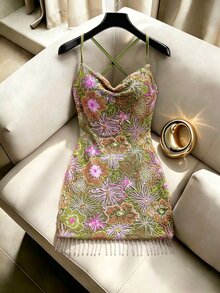 SHEIN Women's Holiday Casual Tropical Sexy Sequin Backless Evening Beach Party Dress Elegant Summer Vacation Outfit Mini Dress Green Floral - Green - View 5