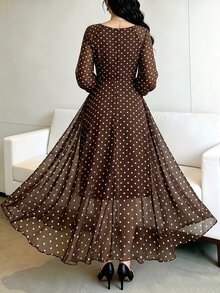 Modelyn 女款春夏優雅時尚復古棕色波點方領泡泡長袖收腰飄逸長洋裝，婚禮賓客派對長裙 - 咖啡 - 查看 2