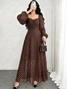 Modelyn 女款春夏優雅時尚復古棕色波點方領泡泡長袖收腰飄逸長洋裝，婚禮賓客派對長裙 - 咖啡 - 查看 6