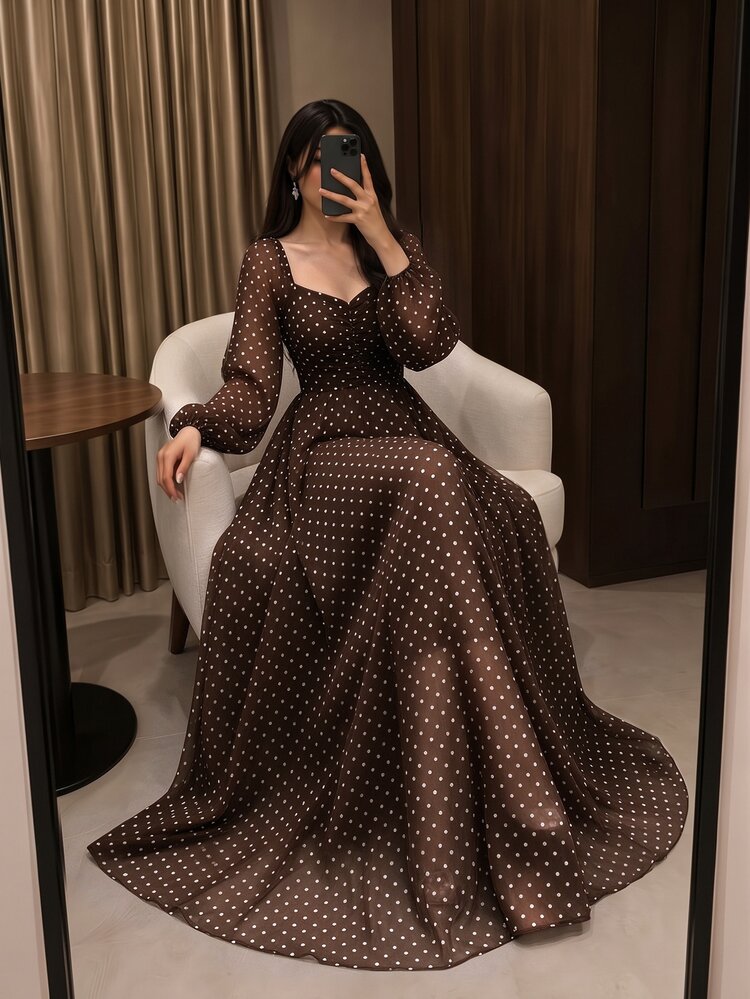 Modelyn Spring/Summer Polka Dot Cinched Cinched Waist Elegant Fashionable Long Dress - Coffee - View 1