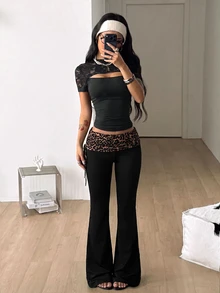 Coolane 女款秋冬派對休閒外出夜店豹紋2合1舒適彈性黑色健身修身喇叭褲內搭褲 - 彩色 - 查看 5