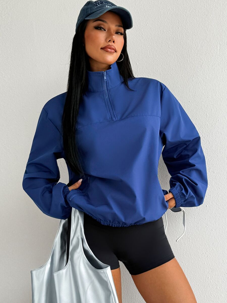 SHEIN Dewbera Women's Fashion Casual Solid Color Half-Zip Pocket Windbreaker Jacket - Navy Blue - View 1