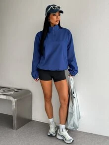 SHEIN Dewbera Women's Fashion Casual Solid Color Half-Zip Pocket Windbreaker Jacket - Navy Blue - View 6