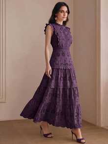 Anewsta Women's New Fashion Elegant Hollow Embroidery Patchwork Multi-Layer Ruffle Stand Collar Cap Sleeve Deep Purple Long Dress - Bold Plum - View 5