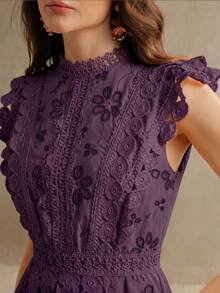 Anewsta Women's New Fashion Elegant Hollow Embroidery Patchwork Multi-Layer Ruffle Stand Collar Cap Sleeve Deep Purple Long Dress - Bold Plum - View 2