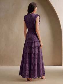 Anewsta Women's New Fashion Elegant Hollow Embroidery Patchwork Multi-Layer Ruffle Stand Collar Cap Sleeve Deep Purple Long Dress - Bold Plum - View 7