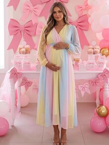 Loomaby Sweet Maternity Colorblock Vacation Dress,Gender Reveal Dress,Maternity Dress,Baby Shower Dress - Multicolor - View 1