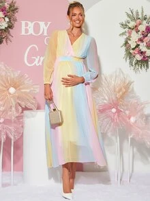 Loomaby Sweet Maternity Colorblock Vacation Dress,Gender Reveal Dress,Maternity Dress,Baby Shower Dress - Multicolor - View 5