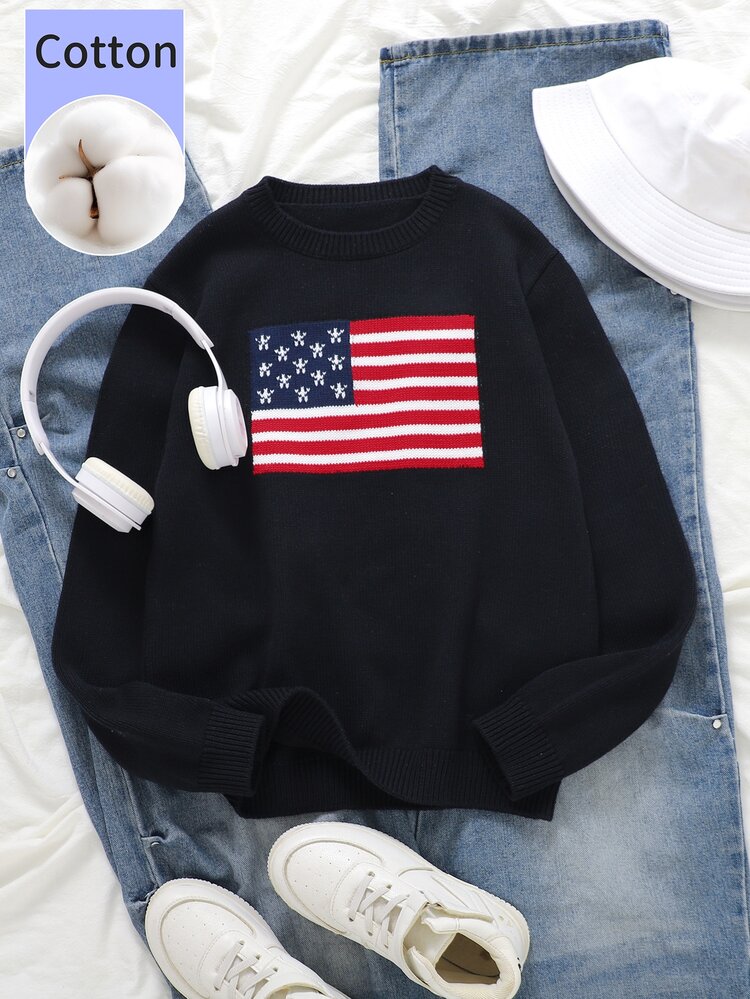 SHEIN Black And Yellow Pure Cotton Girls' American Flag Knit Sweater, Tween Girl Round Neck Long Sleeve Star Stripe Pullover Top, School Autumn Casual - Navy Blue - View 8