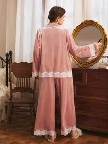Côtesoire Plus Size Women Lace Patchwork Long Sleeve Top And Pants Casual Daily Home Sleepwear Set - Dusty Pink - View 2