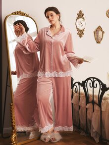 Côtesoire Plus Size Women Lace Patchwork Long Sleeve Top And Pants Casual Daily Home Sleepwear Set - Dusty Pink - View 6