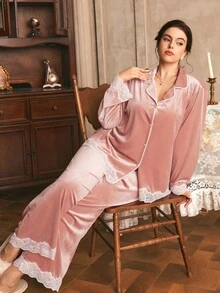 Côtesoire Plus Size Women Lace Patchwork Long Sleeve Top And Pants Casual Daily Home Sleepwear Set - Dusty Pink - View 1