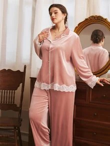 Côtesoire Plus Size Women Lace Patchwork Long Sleeve Top And Pants Casual Daily Home Sleepwear Set - Dusty Pink - View 3
