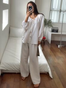 DAZY Women's Striped Long Sleeve Top And Pants Casual Daily Home Sleepwear Set - Beige - View 3