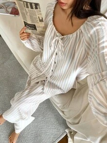 DAZY Women's Striped Long Sleeve Top And Pants Casual Daily Home Sleepwear Set - Beige - View 1