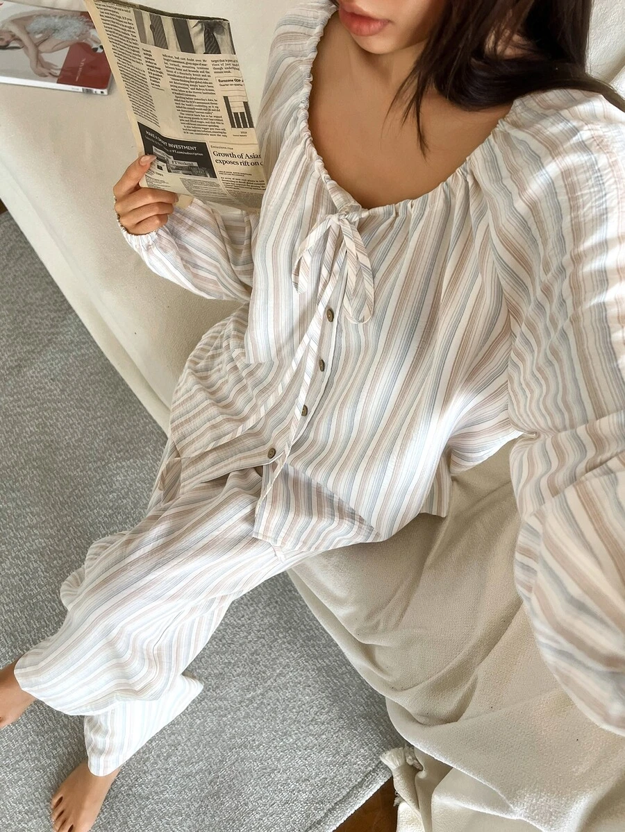 DAZY Women's Striped Long Sleeve Top And Pants Casual Daily Home Sleepwear Set - Beige - View 1