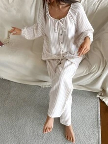 DAZY Women's Striped Long Sleeve Top And Pants Casual Daily Home Sleepwear Set - Beige - View 5