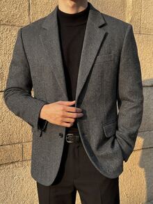 DAZY Autumn/Winter Herringbone Wool Fabric Padded Shoulder Commuter Men's Blazer - Grey - View 1