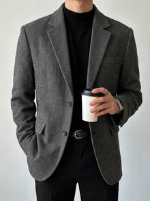 DAZY Autumn/Winter Herringbone Wool Fabric Padded Shoulder Commuter Men's Blazer - Grey - View 8