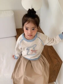 Dazy Kids كنزة صوفية للبنات الصغيرات بياقة مستديرة وأكمام طويلة مزينة بفيونكة لطيفة وحواف متباينة الألوان - لون مشمشي - مشاهدة 5
