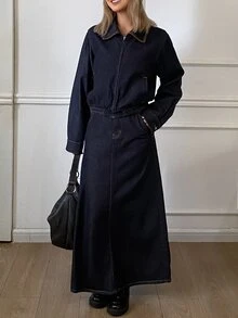 DAZY Women's Jacket & Long Skirt Casual Denim Set - Dark Wash - View 5