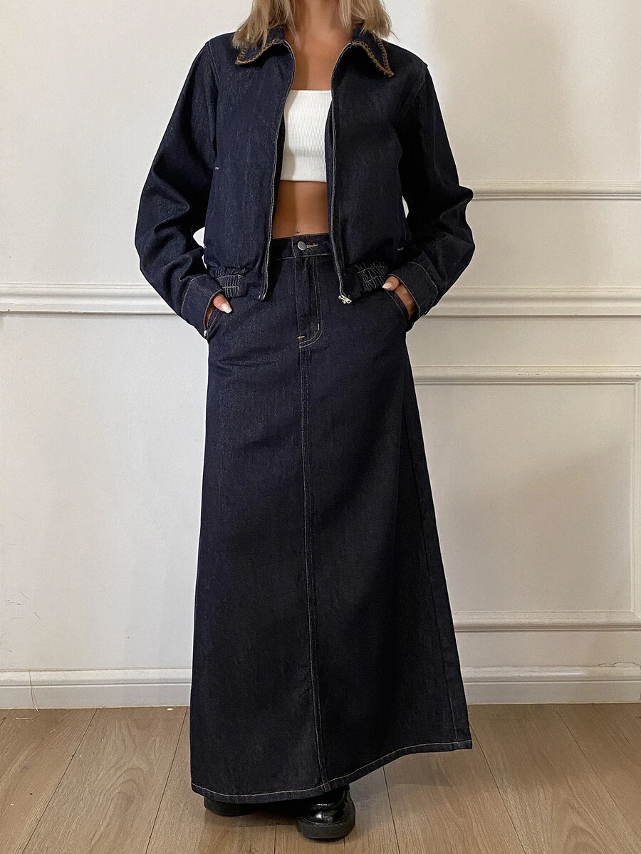 DAZY Women's Jacket & Long Skirt Casual Denim Set - Dark Wash - View 1