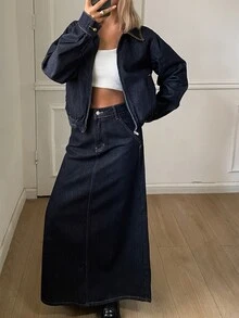 DAZY Women's Jacket & Long Skirt Casual Denim Set - Dark Wash - View 3