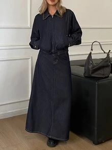 DAZY Women's Jacket & Long Skirt Casual Denim Set - Dark Wash - View 4