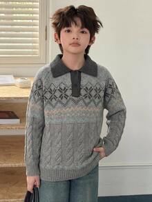Dazy Kids 大童男孩費爾島圖案 Polo 領長袖休閒針織衫 - 藍色 - 查看 5