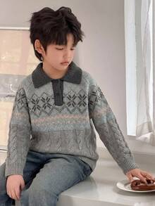Dazy Kids 大童男孩費爾島圖案 Polo 領長袖休閒針織衫 - 藍色 - 查看 4