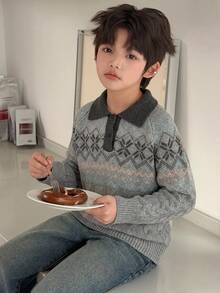 Dazy Kids 大童男孩費爾島圖案 Polo 領長袖休閒針織衫 - 藍色 - 查看 6