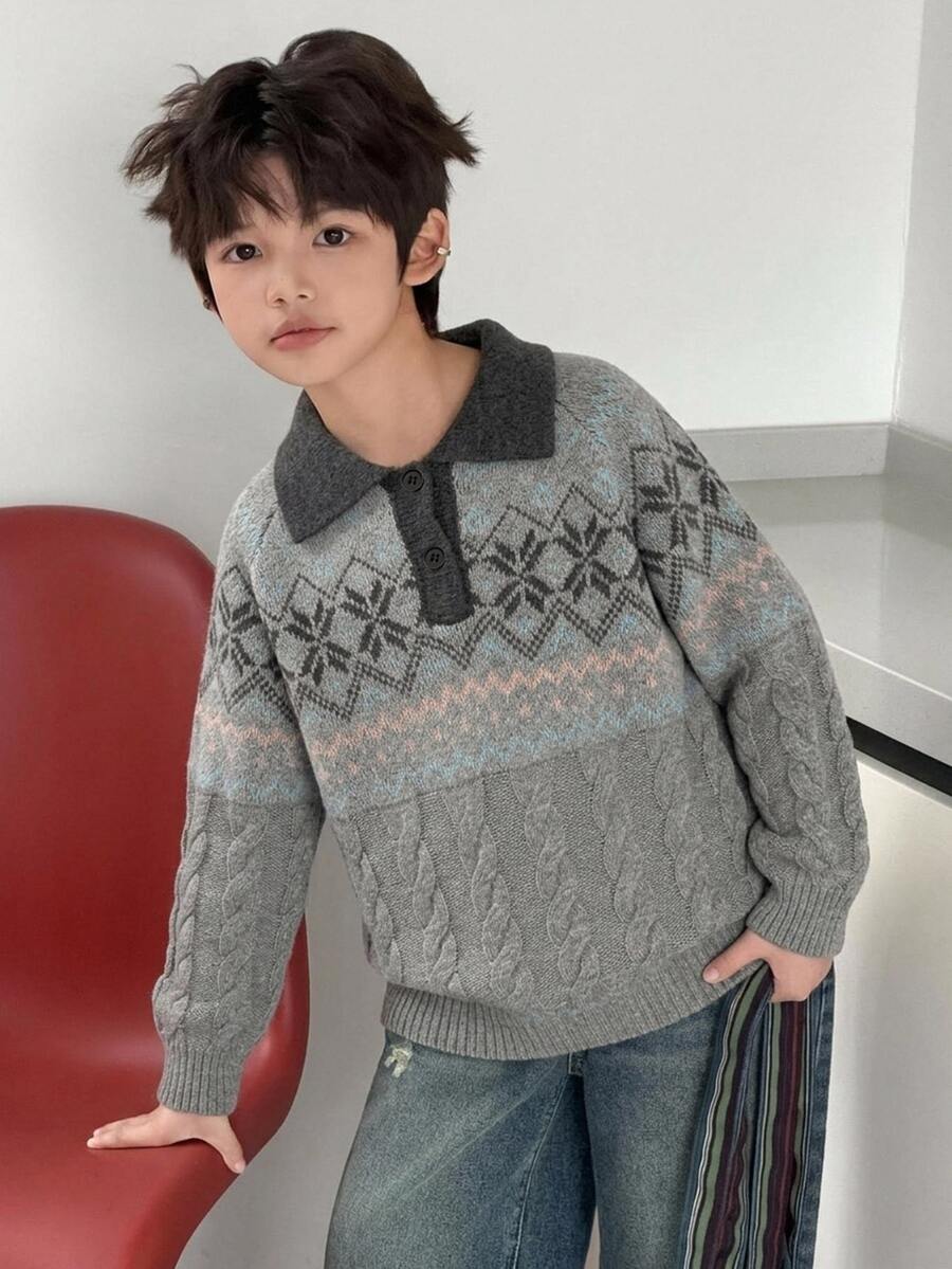 Dazy Kids 大童男孩費爾島圖案 Polo 領長袖休閒針織衫 - 藍色 - 查看 1