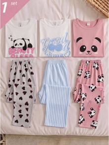 SHEIN 女童簡約時尚字母印花長袖上衣 + 格紋長褲 4件套居家休閒套裝 - 藍色 - 查看 8