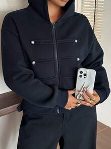 Livesso Áo hoodie nỉ tay dài có mũ, lót giữ nhiệt, cài cúc và kéo khóa, size lớn cho mùa thu/đông - Màu xanh hải quân - Xem 6