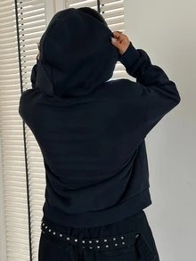 Livesso Áo hoodie nỉ tay dài có mũ, lót giữ nhiệt, cài cúc và kéo khóa, size lớn cho mùa thu/đông - Màu xanh hải quân - Xem 2