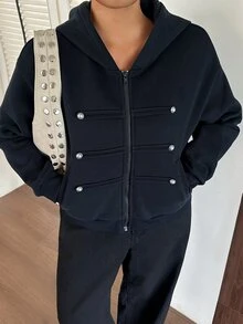 Livesso Áo hoodie nỉ tay dài có mũ, lót giữ nhiệt, cài cúc và kéo khóa, size lớn cho mùa thu/đông - Màu xanh hải quân - Xem 7