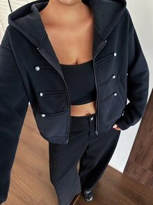 Livesso Áo hoodie nỉ tay dài có mũ, lót giữ nhiệt, cài cúc và kéo khóa, size lớn cho mùa thu/đông - Màu xanh hải quân - Xem 8